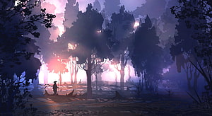 Mystical Forest Scene with Lone Wanderer at Dusk in Digital Fantasy Art HD wallpaper