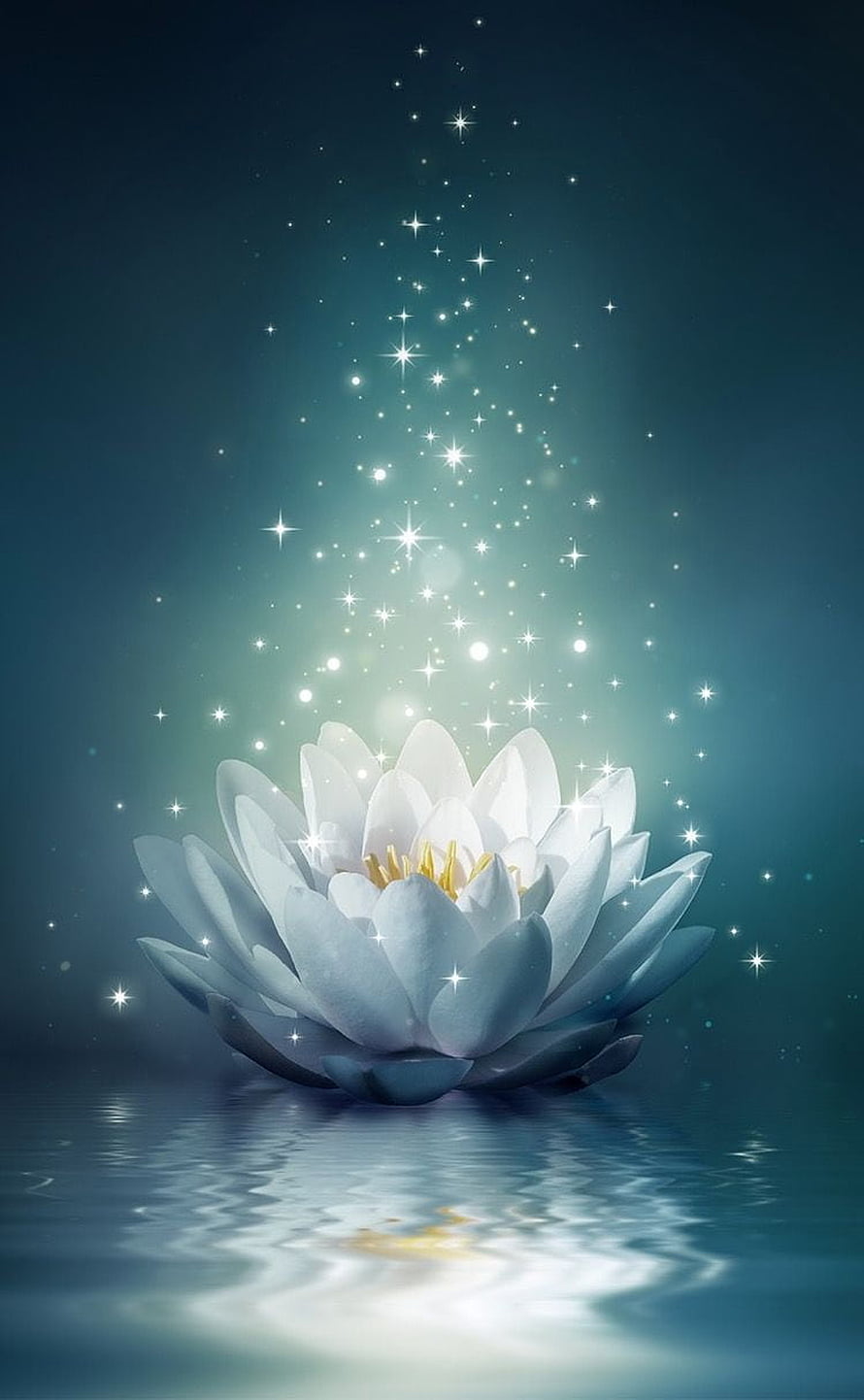 Glowing White Lotus Flower on Water with Rising Sparkles and Ethereal Light HD phone wallpaper
