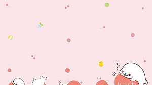 Mamegoma Kawaii Pastel Pink Wallpaper with Cute Seal and Fruit Pattern HD wallpaper