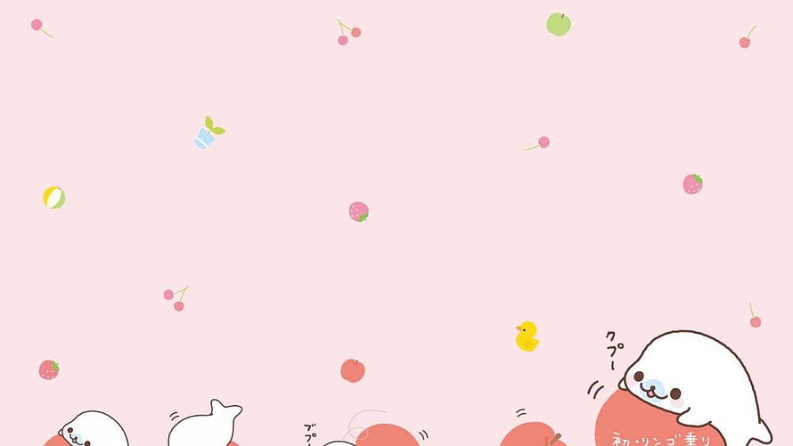 Mamegoma Kawaii Pastel Pink Wallpaper with Cute Seal and Fruit Pattern HD wallpaper