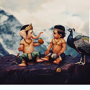Baby Ganesha and Murugan Sitting on a Rock with Peacock and Mouse HD phone wallpaper
