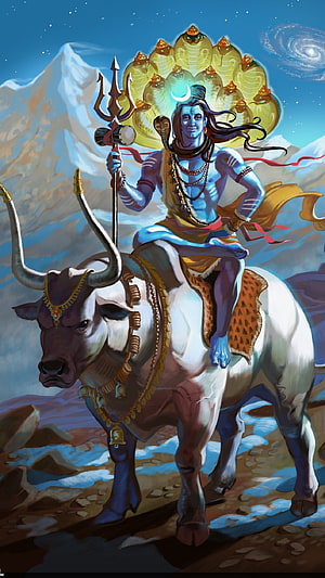 Lord Shiva Riding Nandi Bull With Trident And Serpent Crown In Himalayan Landscape HD phone wallpaper