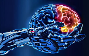 Robotic Hand Holding Glowing Human Brain Illustration HD wallpaper