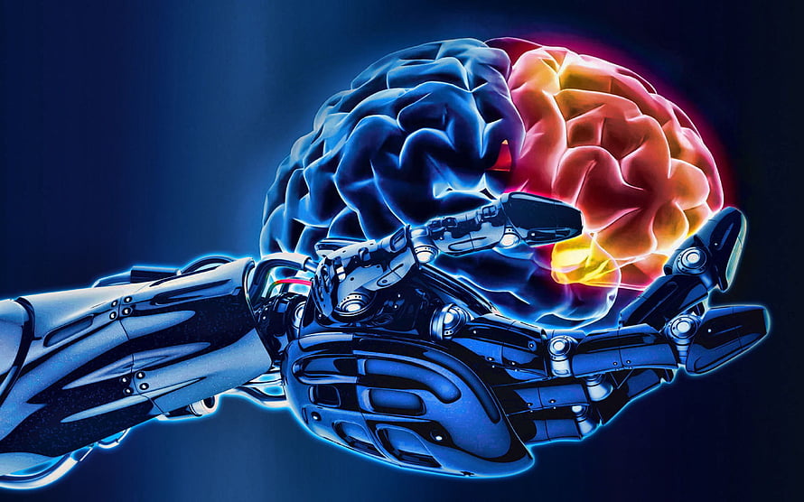 Robotic Hand Holding Glowing Human Brain Illustration HD wallpaper