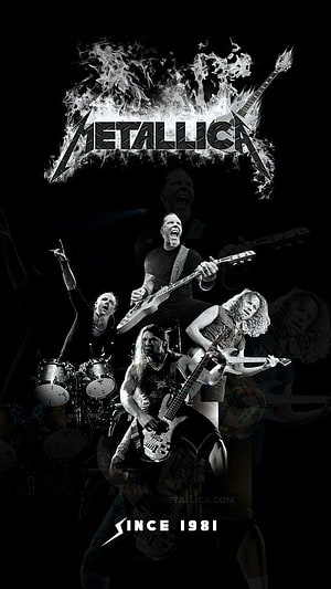 Metallica Band Members Live Performance Poster with Fiery Logo and Black Background HD phone wallpaper