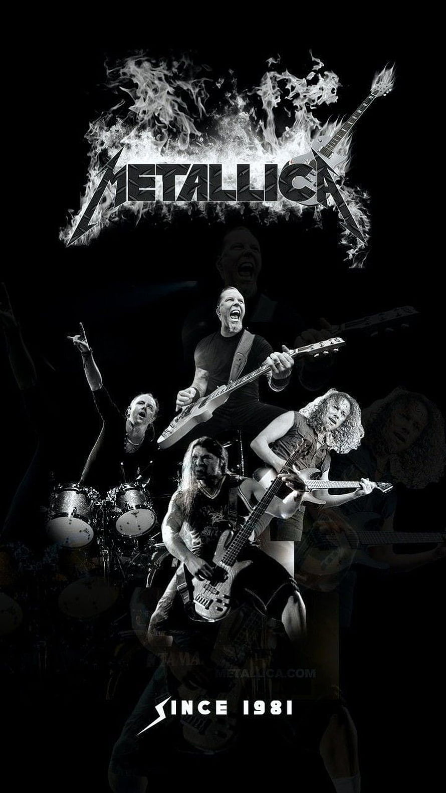 Metallica Band Members Live Performance Poster with Fiery Logo and Black Background HD phone wallpaper