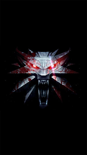 The Witcher 3 Wolf Head Emblem with Glowing Red Eyes and Blood Splatter on Black Background HD phone wallpaper
