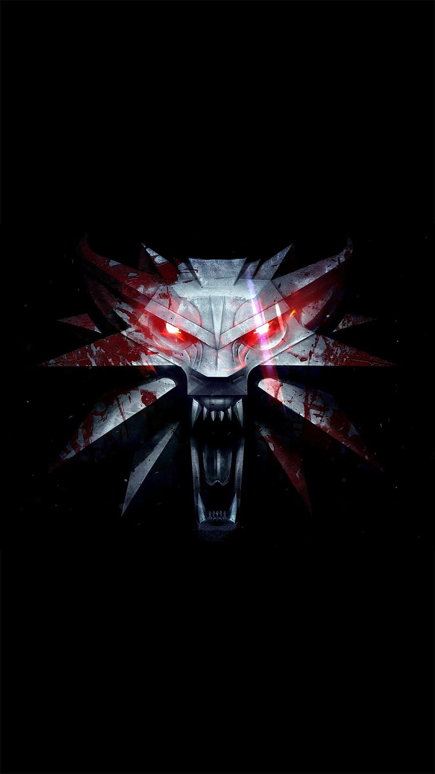 The Witcher 3 Wolf Head Emblem with Glowing Red Eyes and Blood Splatter on Black Background HD phone wallpaper