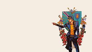 Jotaro Kujo from JoJo's Bizarre Adventure in a Pointing Pose with Heraldic Shield and Roses HD wallpaper