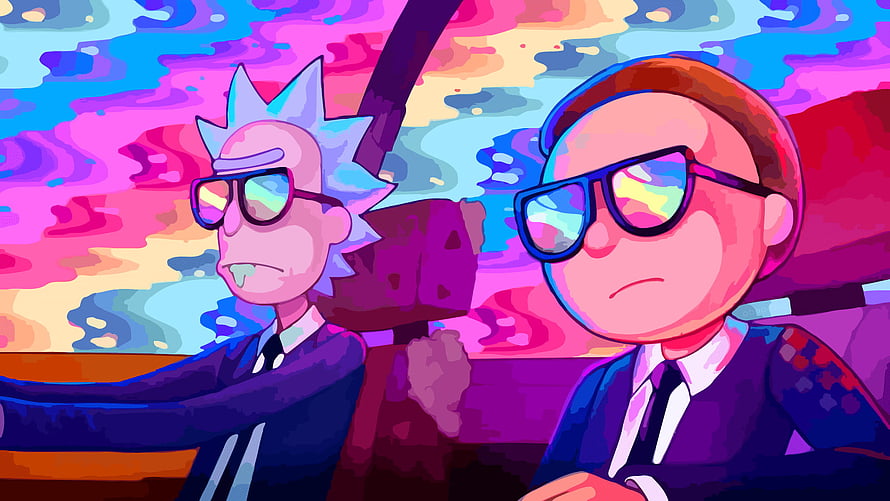 Rick and Morty Neon Psychedelic Car Ride Illustration HD wallpaper