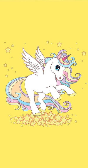 Cute Cartoon Unicorn with Wings and Rainbow Mane on Yellow Background HD phone wallpaper