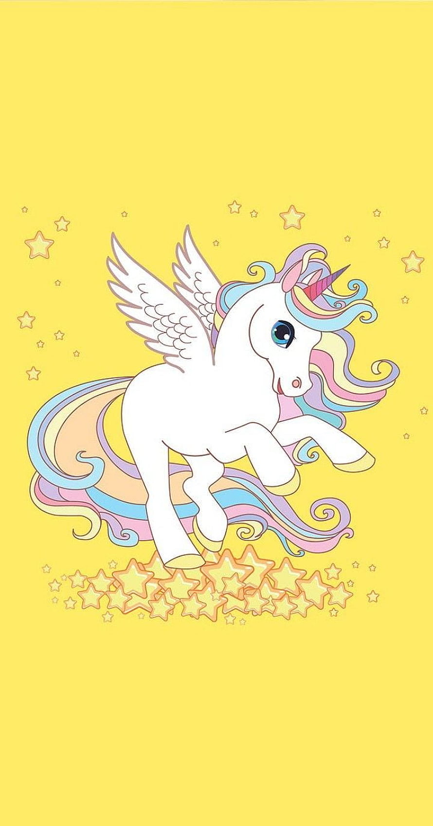 Cute Cartoon Unicorn with Wings and Rainbow Mane on Yellow Background HD phone wallpaper