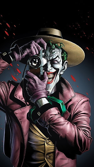 Joker Holding Vintage Camera in Pink Suit and Fedora HD phone wallpaper