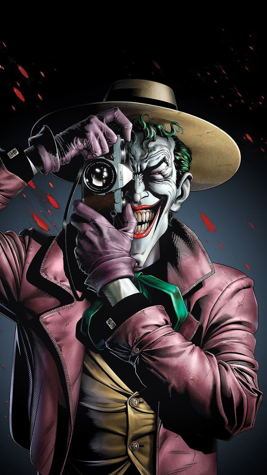 Joker Holding Vintage Camera in Pink Suit and Fedora HD phone wallpaper
