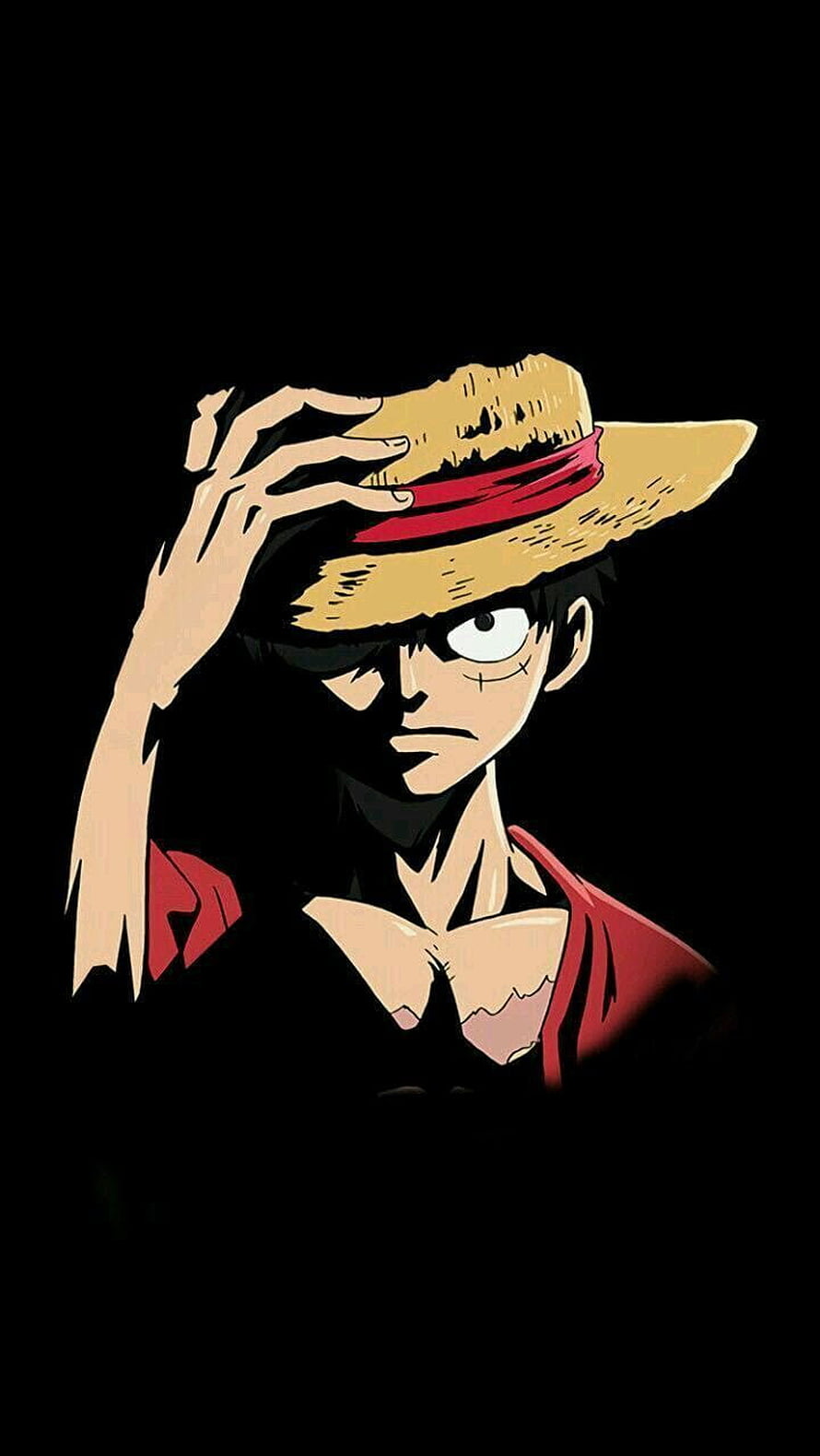 Luffy from One Piece in a dramatic dark anime illustration wearing his signature straw hat and red vest HD phone wallpaper