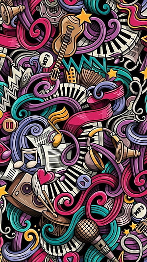 Colorful Doodle Music Illustration Featuring Guitar, Piano Keys, and Microphone in Graffiti Style HD phone wallpaper