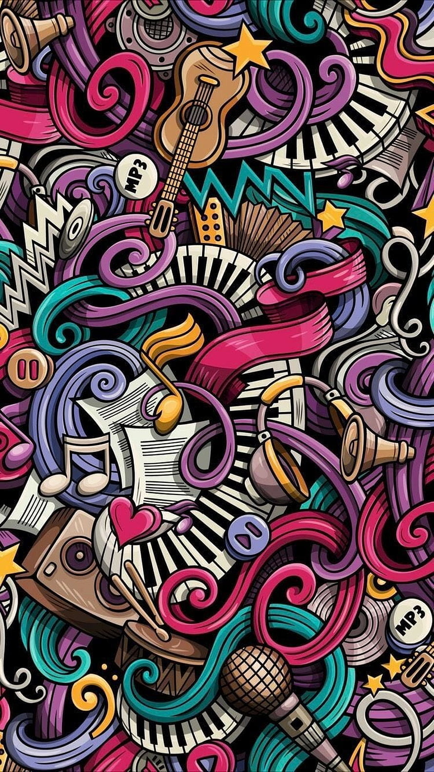 Colorful Doodle Music Illustration Featuring Guitar, Piano Keys, and Microphone in Graffiti Style HD phone wallpaper