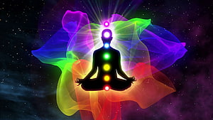Meditating Silhouette with Glowing Chakra Points and Vibrant Aura Against a Starry Cosmic Background HD wallpaper