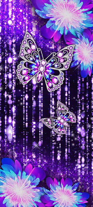 Sparkling Crystal Butterfly and Vibrant Floral Design on Glittery Purple Background HD phone wallpaper