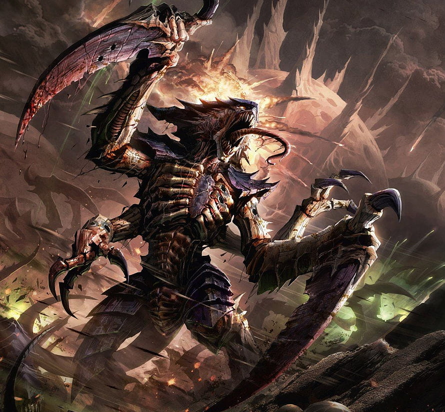 Slow Death Carnifex Tyranid Monster Wielding Massive Scythe in Dark Fantasy Battle HD wallpaper