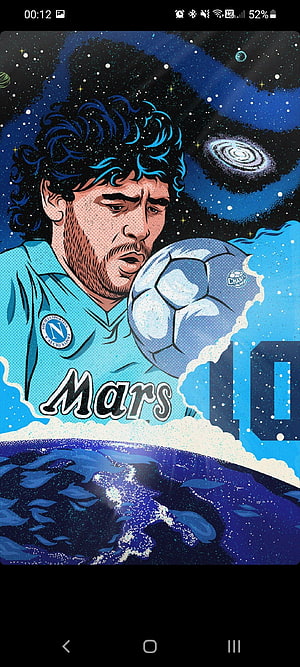 Diego Maradona in Napoli Jersey with Cosmic Space Background and Soccer Ball HD phone wallpaper