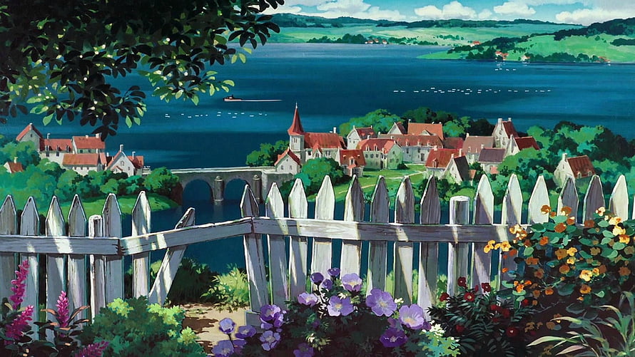 Studio Ghibli Animated Village Landscape With White Fence And Lake View HD wallpaper