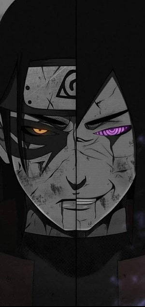 Madara Uchiha Split Face Portrait with Sharingan and Rinnegan Eyes in Dark Anime Style HD phone wallpaper