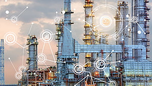 Smart Factory Digital Overlay on Industrial Refinery at Sunset HD wallpaper