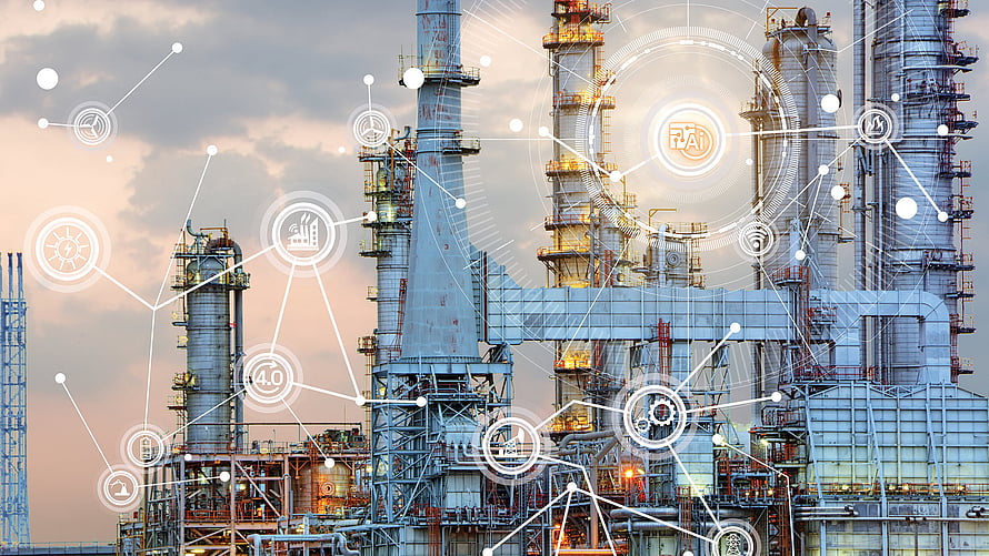 Smart Factory Digital Overlay on Industrial Refinery at Sunset HD wallpaper