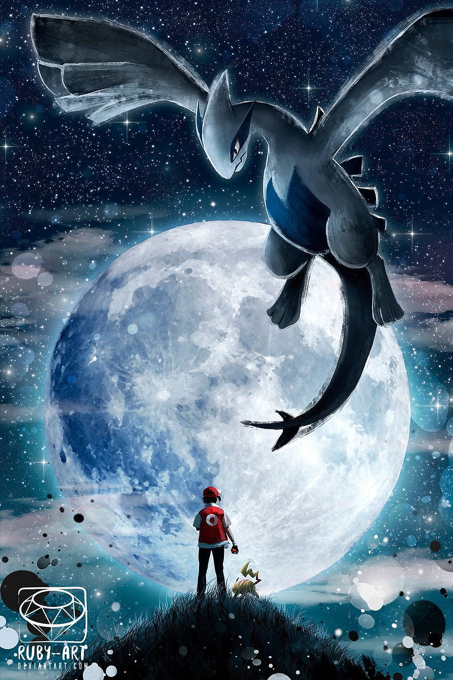 Lugia Soaring Over a Giant Moon with a Trainer in a Starry Night Sky HD phone wallpaper