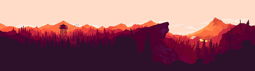Firewatch Wilderness Panorama at Sunset with Watchtower and Pine Forest Silhouettes HD wallpaper