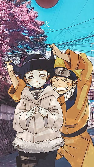 Naruto and Hinata Childhood Anime Illustration with Sakura Blossoms HD phone wallpaper
