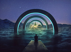 Meditating Figure on Wooden Dock Facing Glowing Arches and Temple in Clouds Under Starry Night Sky HD wallpaper