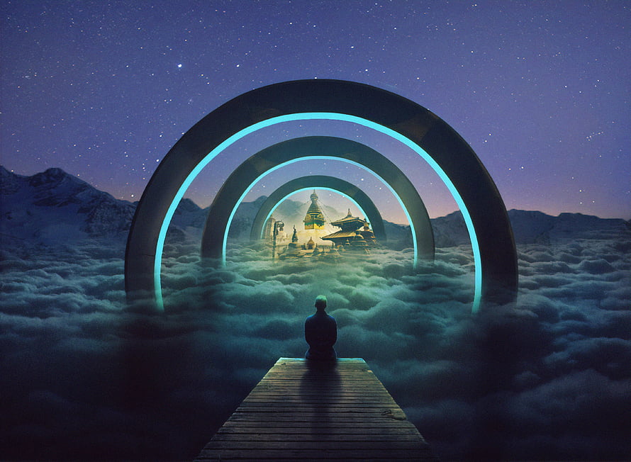 Meditating Figure on Wooden Dock Facing Glowing Arches and Temple in Clouds Under Starry Night Sky HD wallpaper