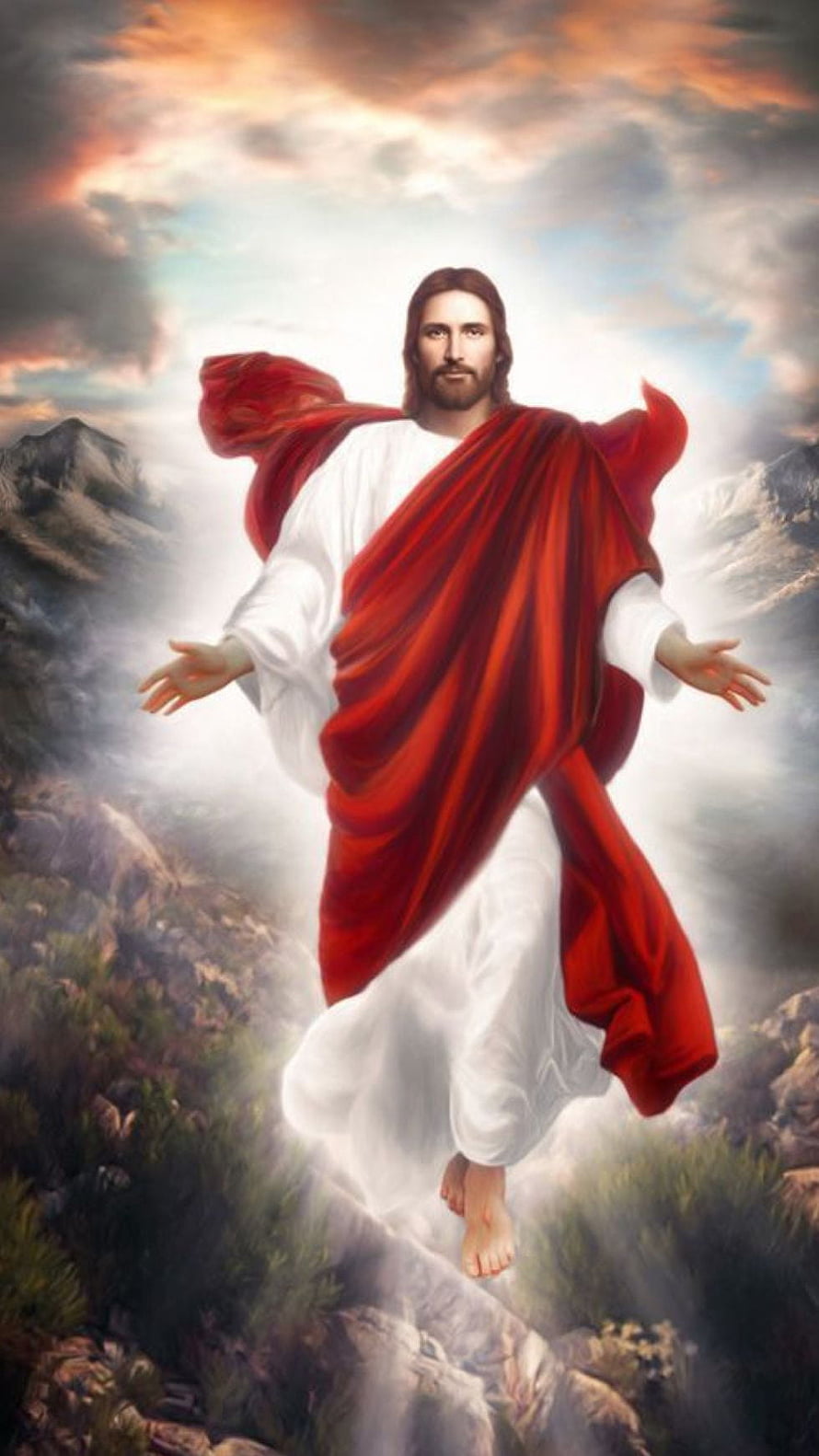 Jesus Christ in White Robe and Red Cloak Floating Above Mountainous Landscape HD phone wallpaper