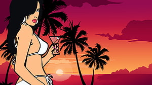 GTA Vice City Style Woman in White Bikini Holding Cocktail at Tropical Sunset HD wallpaper