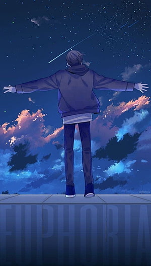 Anime Boy Standing With Arms Outstretched Under Starry Night Sky HD phone wallpaper