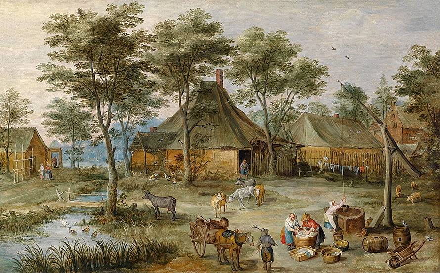 Rustic Village Scene with Thatched Cottages, Livestock, and Peasants in a Pastoral Landscape HD wallpaper