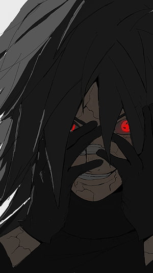 Madara Uchiha Anime Character with Glowing Red Sharingan Eyes and Dark Hair HD phone wallpaper