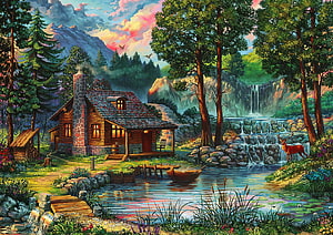 Cozy wooden cottage nestled in a lush forest with a cascading waterfall and a serene pond at sunset HD wallpaper