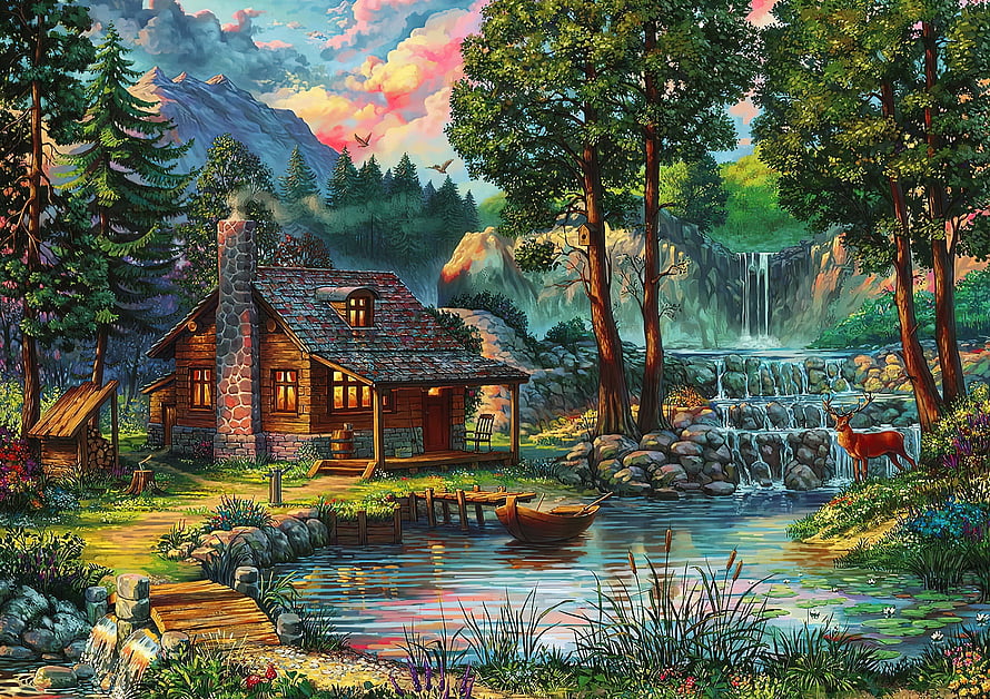 Cozy wooden cottage nestled in a lush forest with a cascading waterfall and a serene pond at sunset HD wallpaper