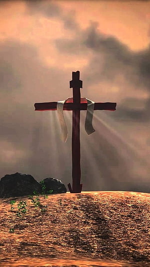 Empty Wooden Cross With White Cloth On Rocky Hill Under Dramatic Sunset Sky HD phone wallpaper