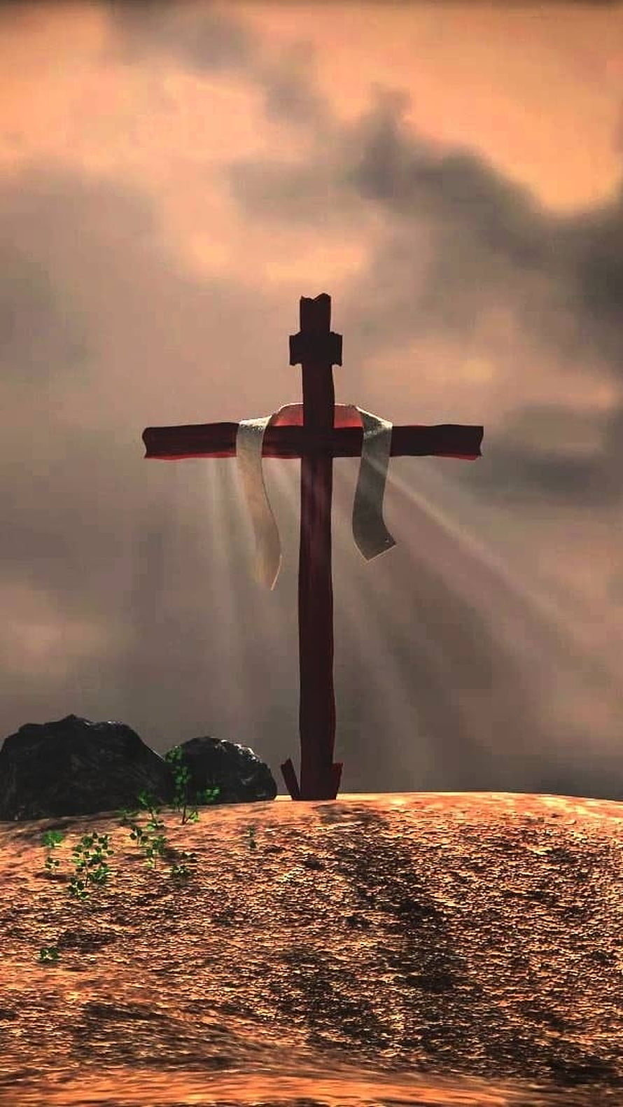 Empty Wooden Cross With White Cloth On Rocky Hill Under Dramatic Sunset Sky HD phone wallpaper