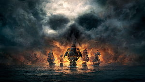 Dramatic Naval Battle Scene with Burning Ships and Dark Stormy Sky HD wallpaper