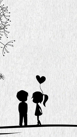 Cute Black and White Silhouette of a Couple with a Heart Balloon HD phone wallpaper