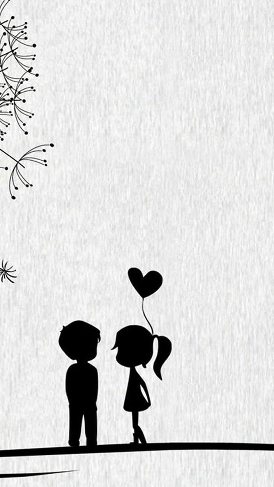 Cute Black and White Silhouette of a Couple with a Heart Balloon HD phone wallpaper