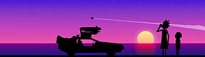 Rick and Morty Silhouette Scene with Spaceship and Sunset Skyline HD wallpaper