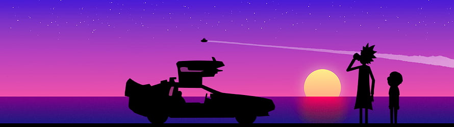 Rick and Morty Silhouette Scene with Spaceship and Sunset Skyline HD wallpaper