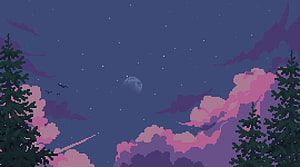 Pixel Art Night Sky with Pink Clouds, Pine Trees, and Crescent Moon HD wallpaper