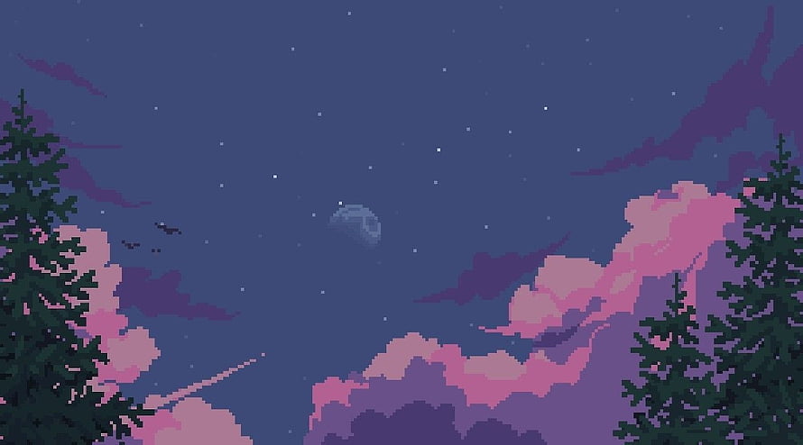 Pixel Art Night Sky with Pink Clouds, Pine Trees, and Crescent Moon HD wallpaper